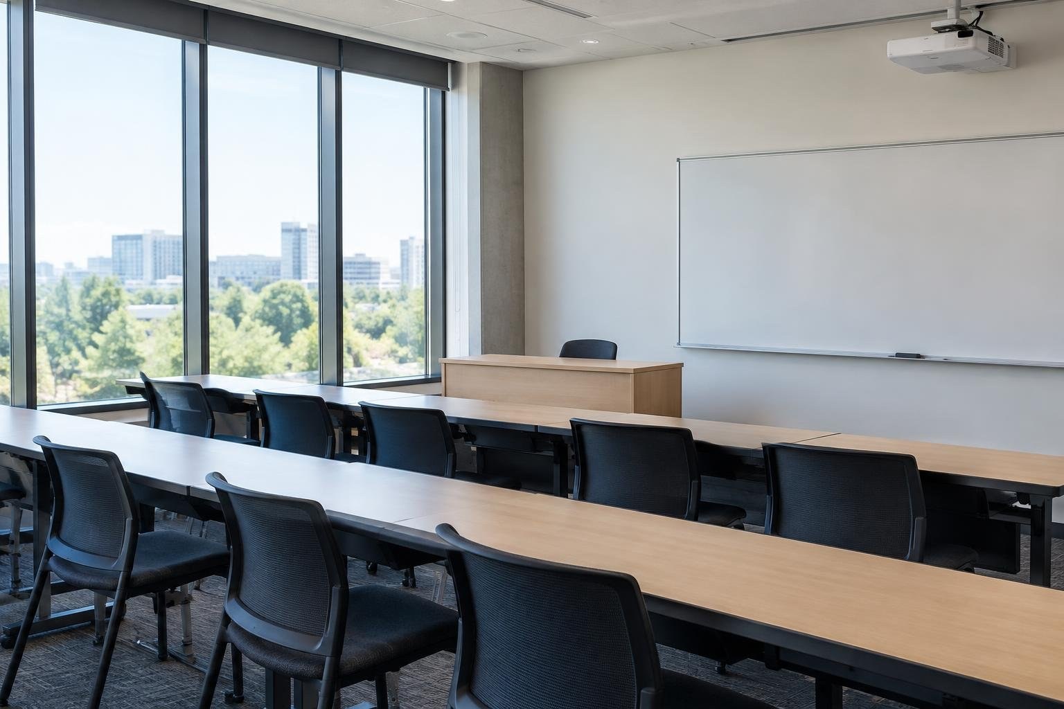 Actuarial science student analyzing risk data An empty classroom with rows of tables and chairs, a lectern, and a whiteboard, beside large windows overlooking trees and buildings.