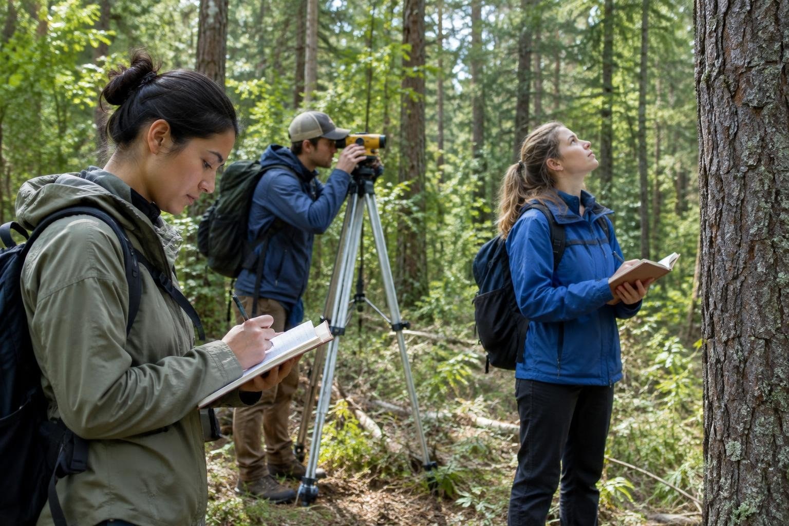 Three people with backpacks work in a wooded area: two write in notebooks while another looks through a surveying instrument mounted on a tripod; one person studies a nearby tree.