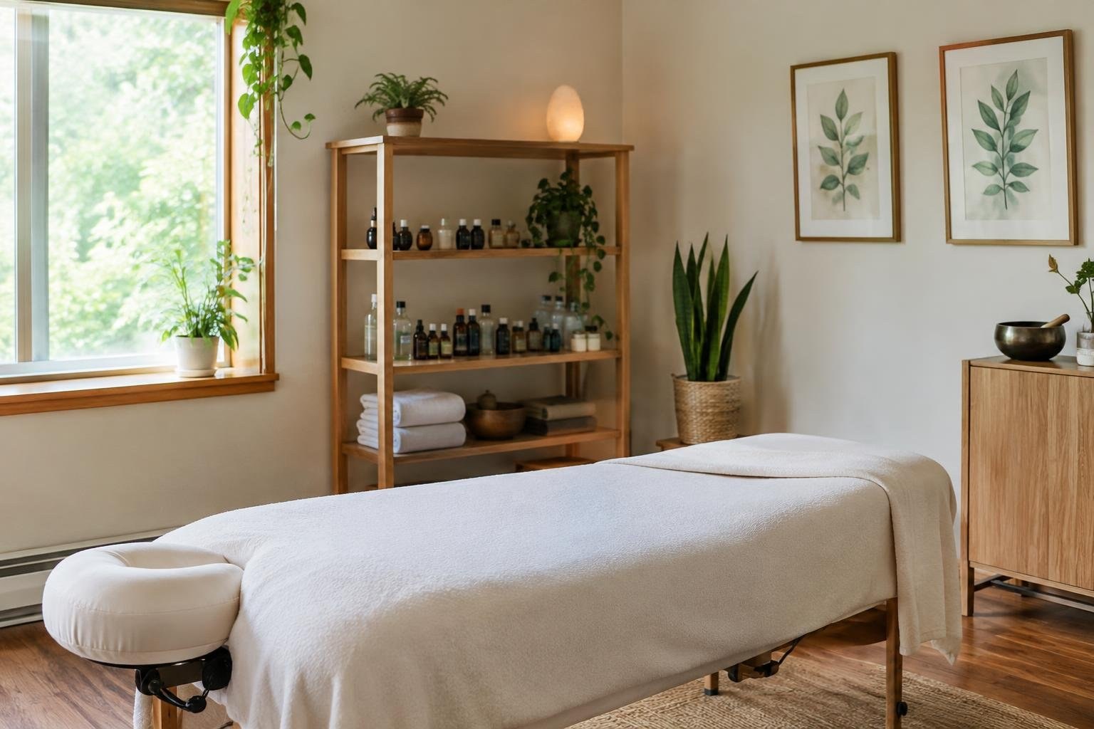A student comparing course notes and research materials A neatly made massage table sits in a sunlit room with wooden shelves of bottles and towels, potted plants, framed botanical prints, and a small cabinet.