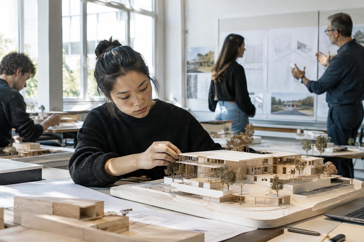A woman adjusts a detailed building model on a studio table while two colleagues stand near architectural drawings in the background.