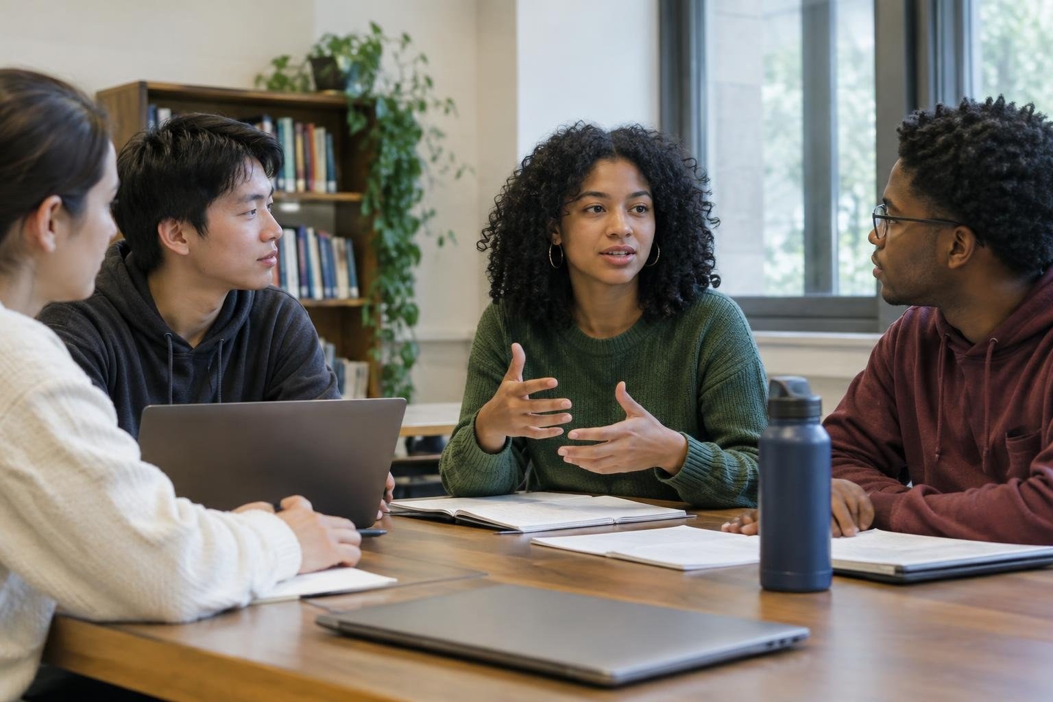 Four people sit around a table as a woman gestures while speaking; others listen, with laptops, notebooks, and a water bottle on the table.
