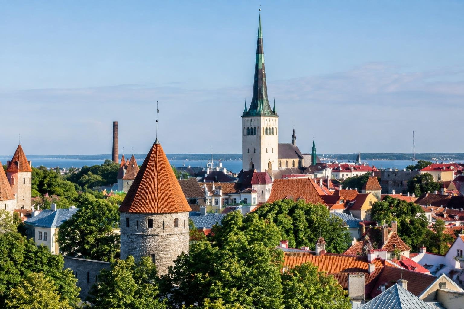 A stone tower with a steep orange-tiled roof rises above leafy trees and red-roofed buildings, with a tall church spire and a broad bay in the distance.