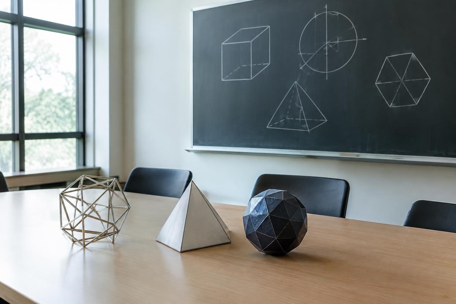 Mathematics student working through a geometric proof Three geometric models—a wireframe polyhedron, a pyramid, and a faceted sphere—sit on a table in front of a chalkboard with geometric diagrams in a bright room.