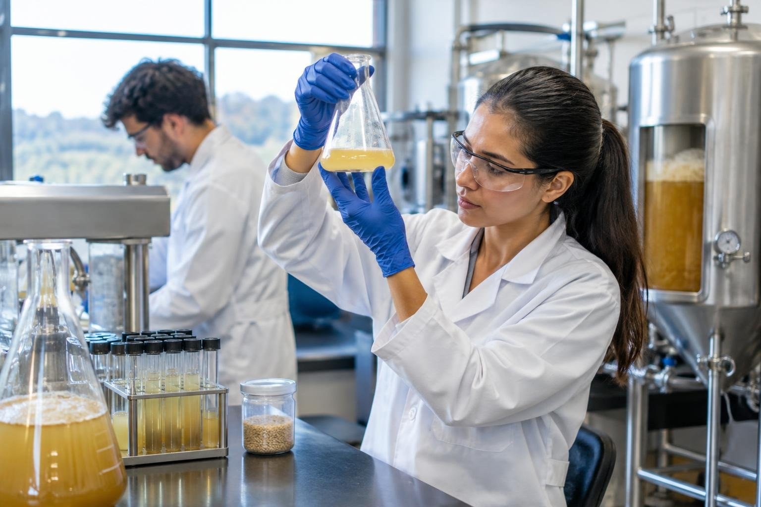 College fermentation science lab A lab worker in a white coat, safety glasses, and blue gloves examines yellow liquid in a flask while another worker handles equipment in the background.