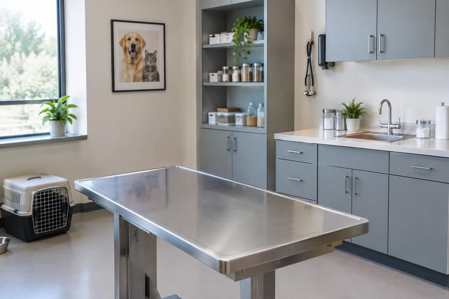 Veterinary practice administration and supervised office workflow A clean, empty examination room with a stainless-steel table, gray cabinets, a sink, open shelves, a pet carrier by the window, and a framed picture of a dog and cat.
