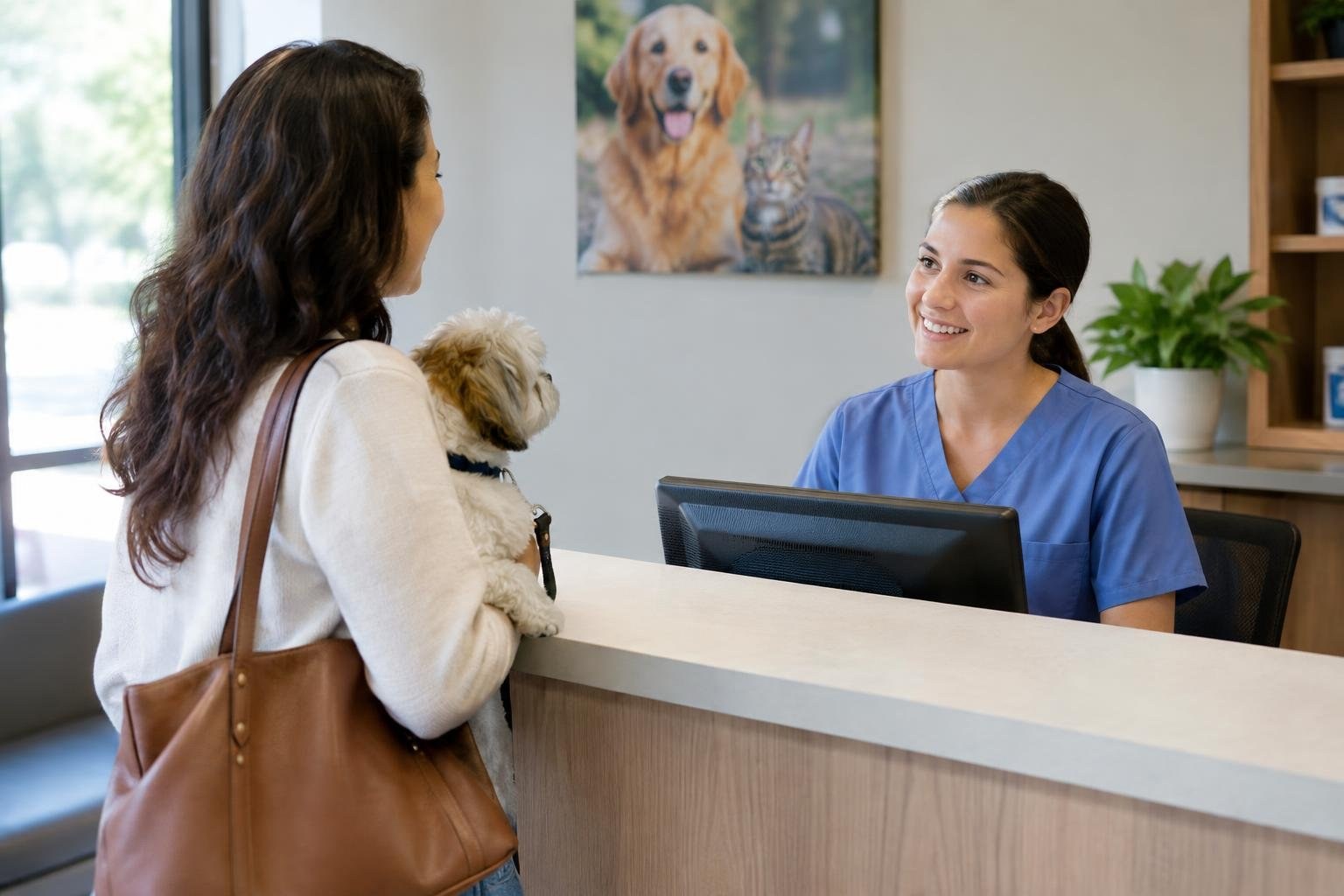 A woman holding a small dog speaks with a smiling staff member in blue scrubs across a reception desk, with a monitor, plant, and animal portrait in the background.