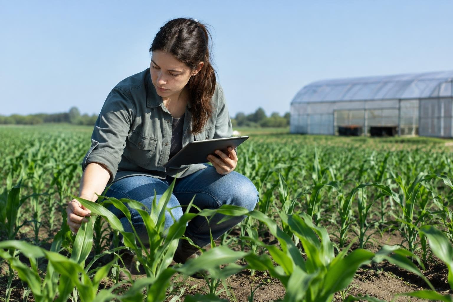 A student assessing crop growth in a field research plot A woman crouches in a field, examining a young plant while holding a tablet; a greenhouse stands in the background.