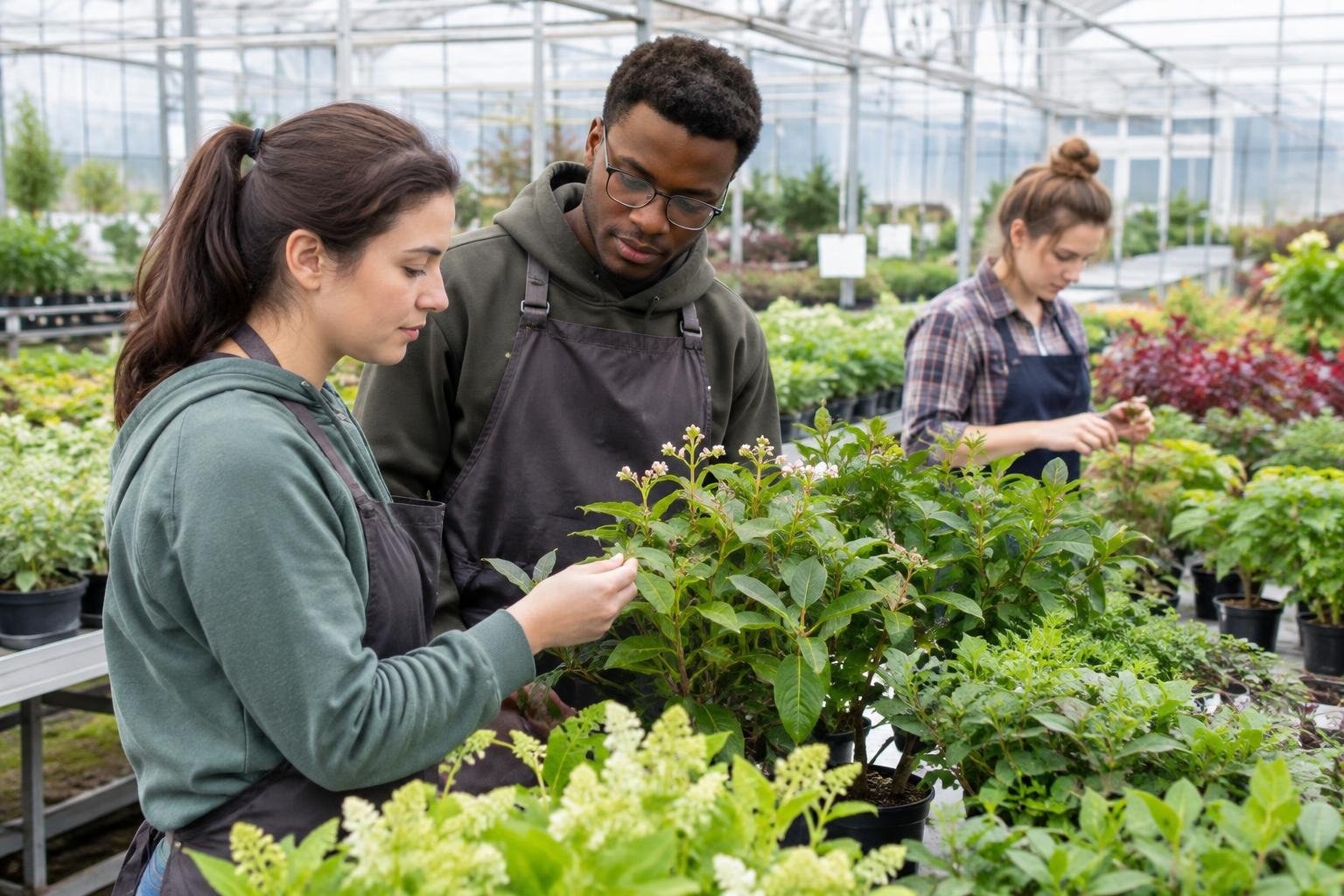 Horticulture students examining nursery plants in a greenhouse Two people in aprons examine a flowering potted plant in a greenhouse while another person tends plants in the background.