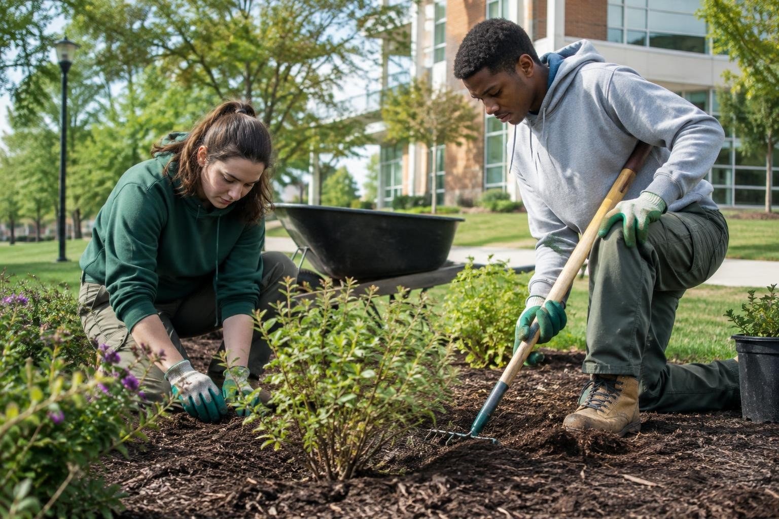 Students practicing landscape and groundskeeping skills Two people wearing work gloves tend a landscaped garden bed outside a modern building; one plants among the shrubs while the other uses a shovel.