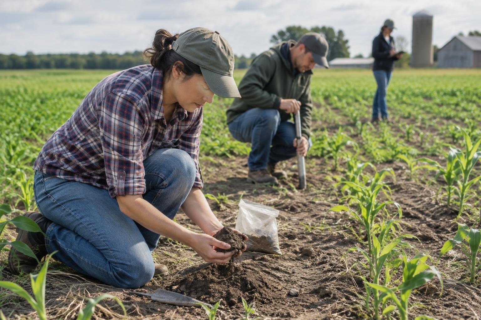 Field sampling and practical agronomy education Three people work in a crop field; a kneeling woman examines a clump of soil, a man crouches with a sampling tool, and another person stands farther back.