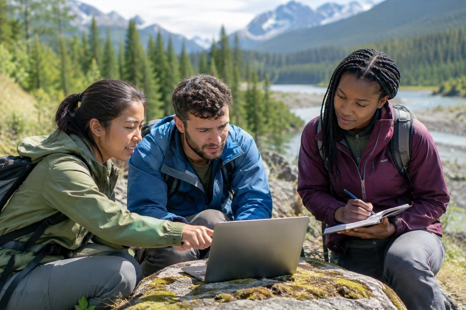 Students connecting economic choices with environmental and natural-resource decisions Three hikers sit beside a rocky mountain lake, looking at an open laptop as one writes in a notebook; evergreen trees and snow-dusted peaks rise behind them.