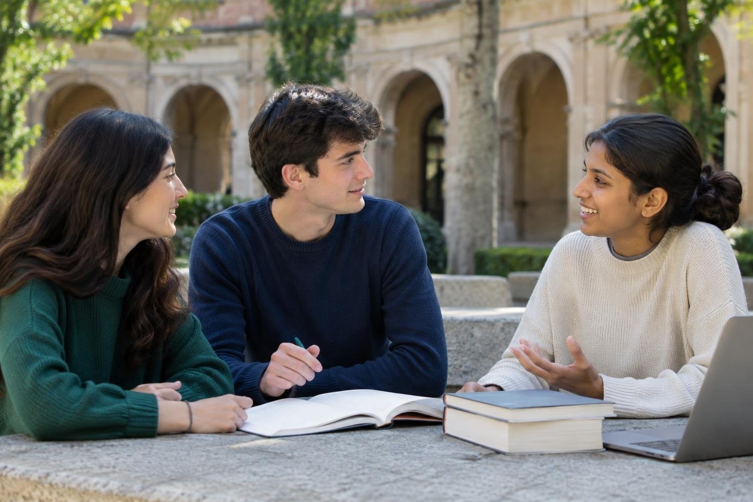 Three young adults sit together at an outdoor stone table, smiling and talking beside an open book and a stack of books, with arched stone walls and greenery behind them.
