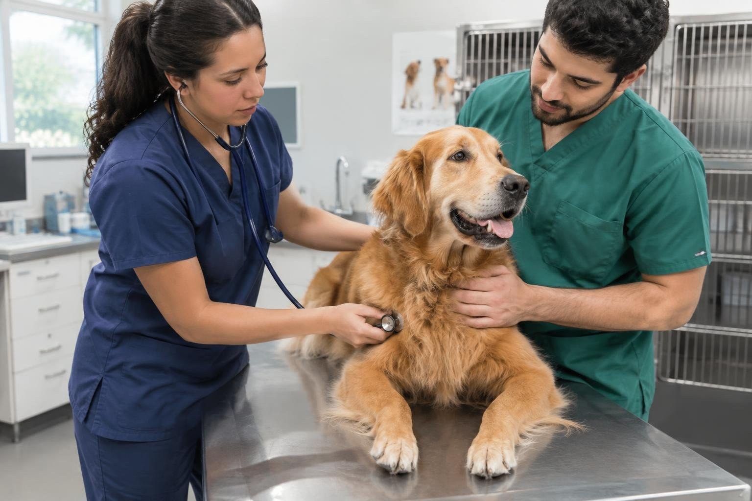 Veterinary Technology Programs: Courses, Careers and How to Choose A woman listens to a golden retriever’s chest with a stethoscope while a man gently steadies the dog on an examination table in a clinic.