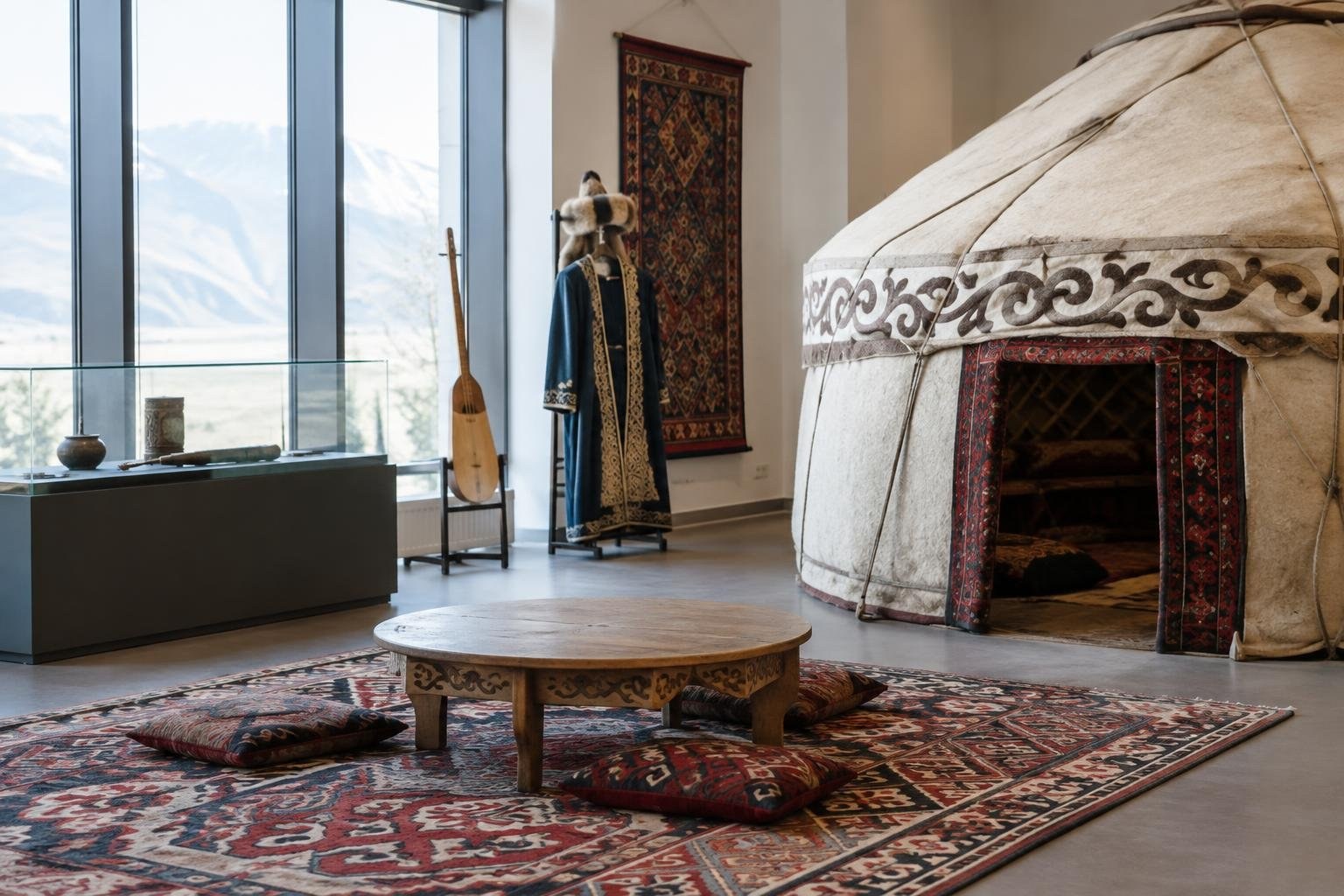 A large felt-covered yurt, patterned rugs, cushions, and a low wooden table are displayed in a sunlit room, with a decorated robe and stringed instrument nearby.