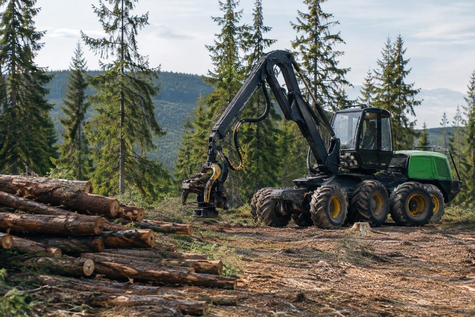 A large forestry machine with an extended grapple arm stands beside stacked logs in a forest clearing, with evergreen trees and wooded hills in the background.