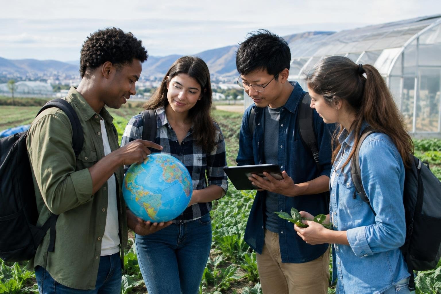College students connecting agriculture with international systems Four young adults stand among crop rows beside a greenhouse, discussing a globe and tablet while one holds a plant leaf.