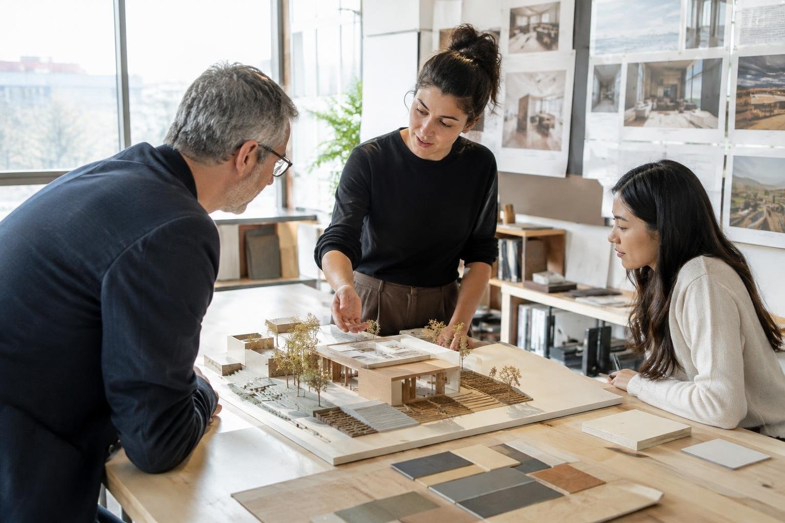 Three people examine a detailed architectural model on a table in a bright studio, as a woman gestures toward it; material samples and photographs are visible around them.