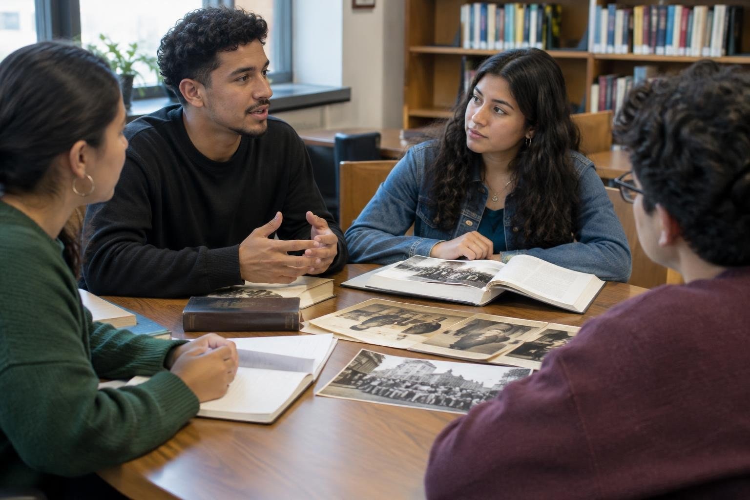 Four people sit around a library table discussing open books and photographs, with one man gesturing as the others listen.