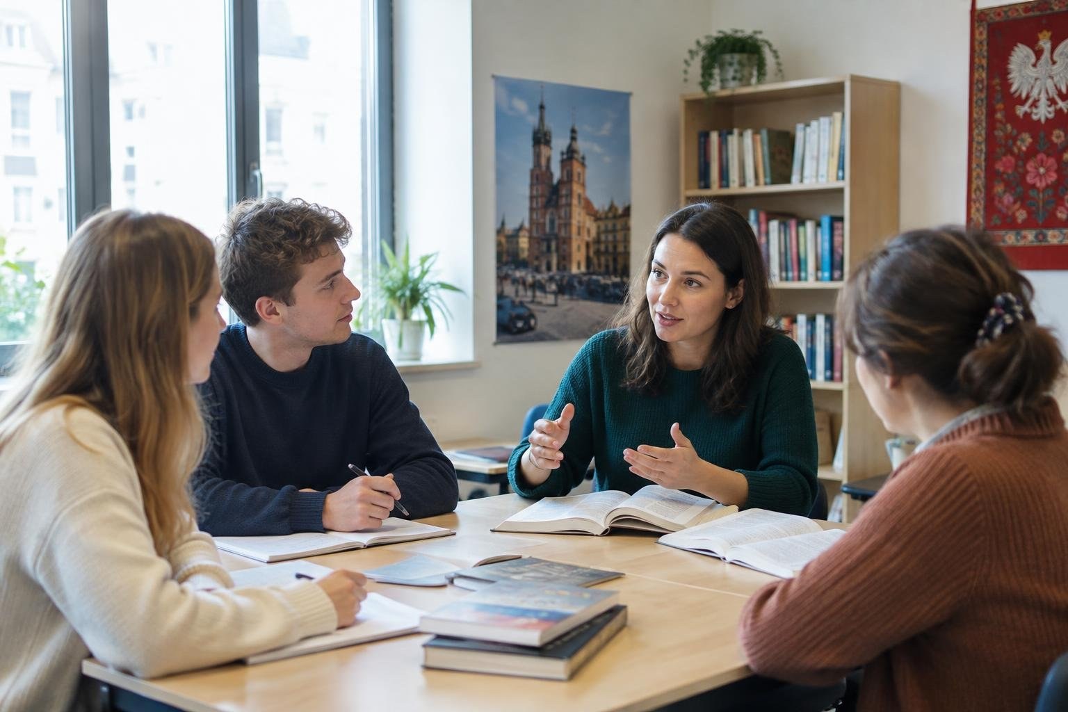 Four adults sit around a table with open books as a woman gestures while speaking; a bookshelf, wall art, and large windows are behind them.
