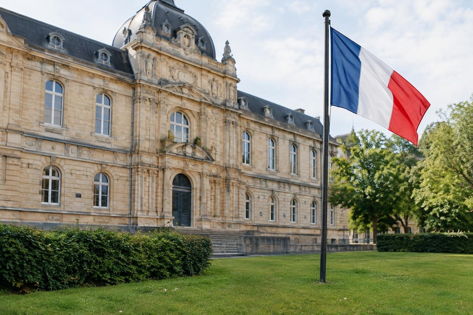 A French tricolor flag flies beside an ornate stone building, with trimmed hedges and a green lawn in the foreground.