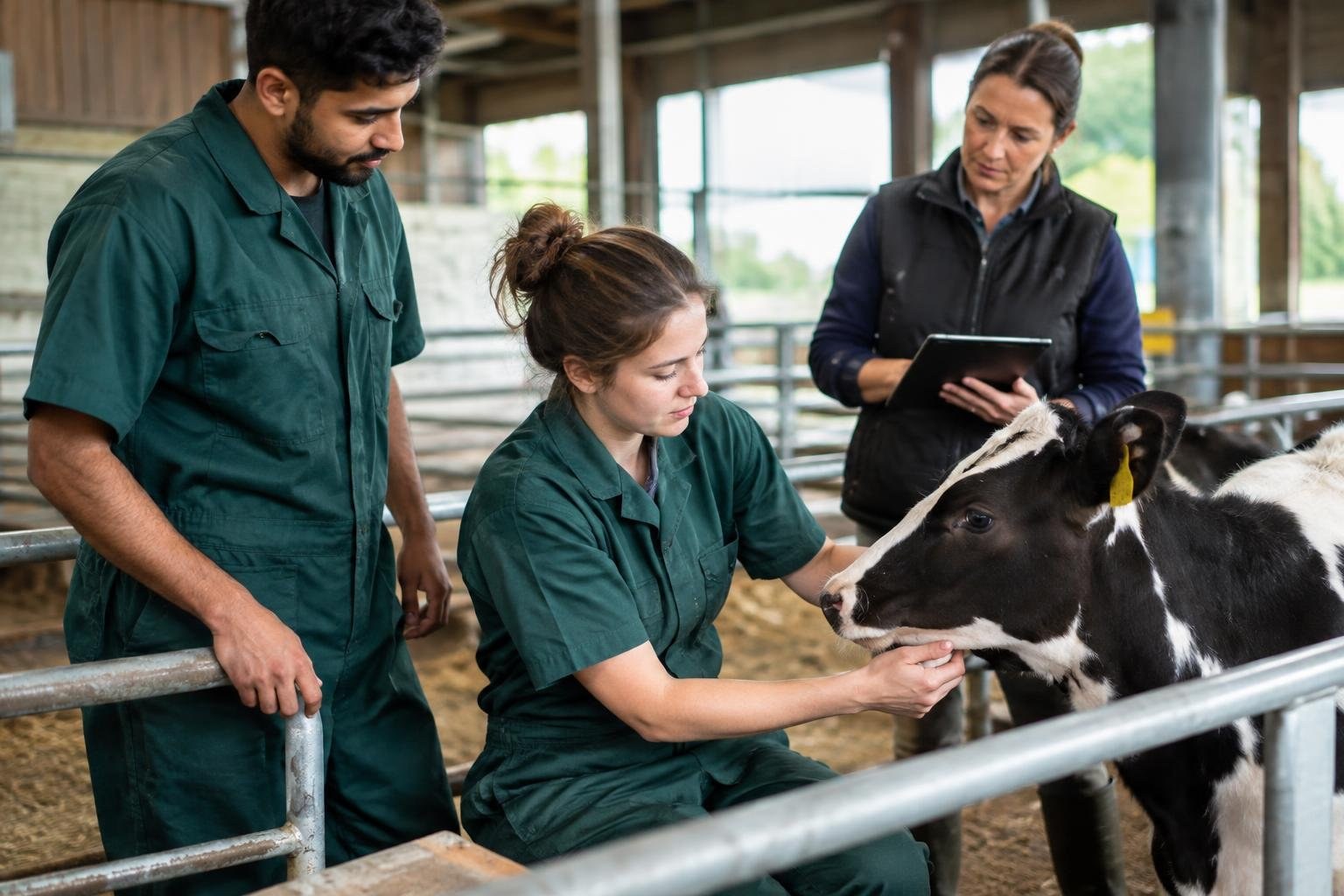 Animal science students working with animals under instructor supervision Two people in green work clothes examine a black-and-white calf in a barn while a woman holding a tablet watches.