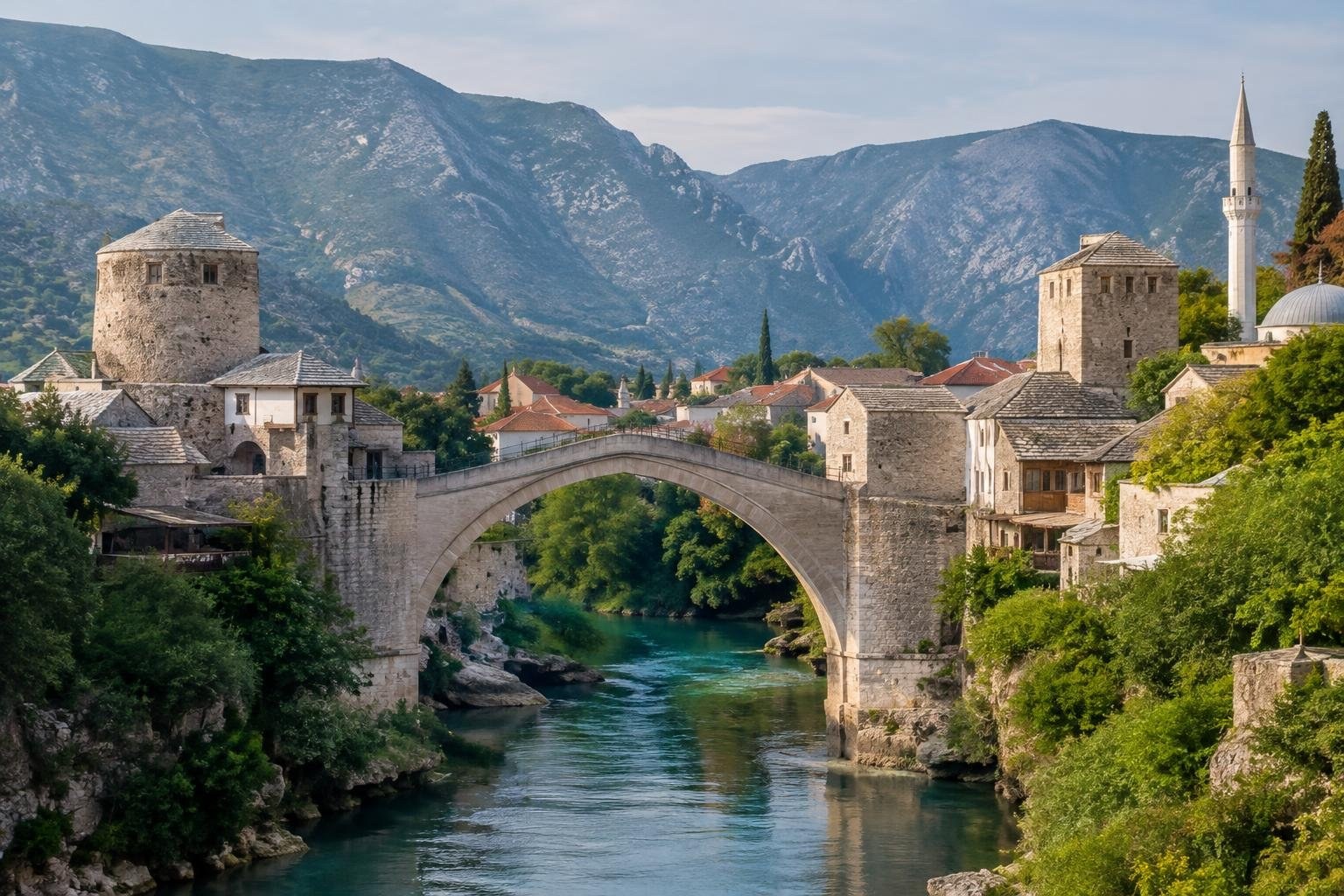A stone arch bridge spans a turquoise river beneath a cluster of old stone buildings, with a slender tower and mountains rising in the background.