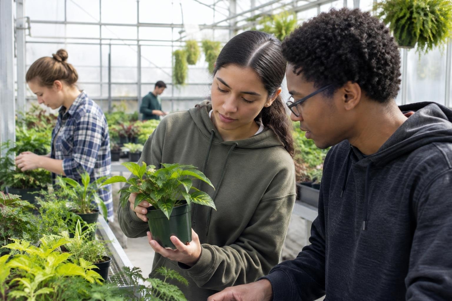 Students examining plants in a teaching greenhouse Two young adults examine a potted plant in a greenhouse filled with rows of seedlings, while another person tends plants in the background.