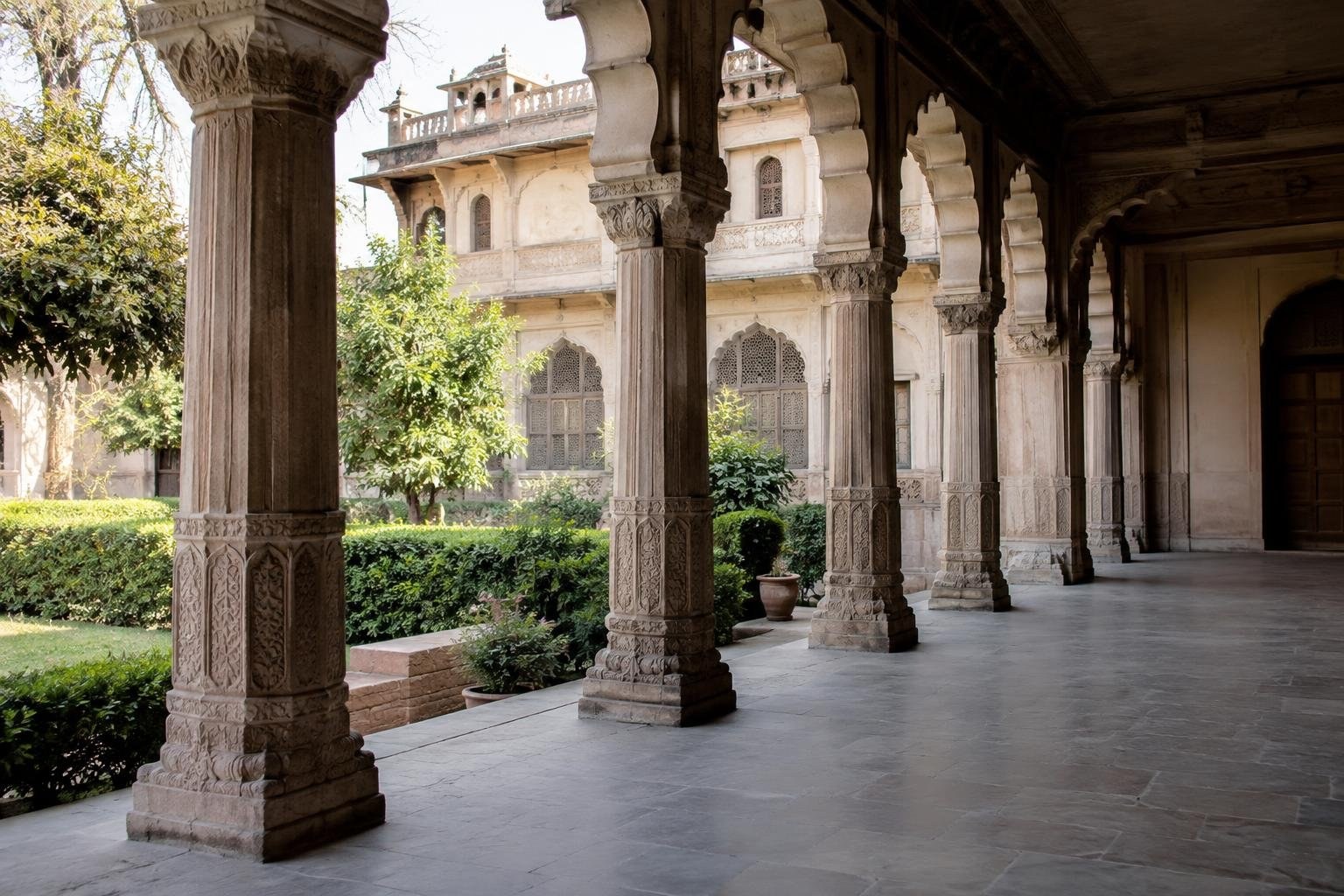 A shaded stone arcade with carved columns and scalloped arches overlooks a leafy courtyard and an ornate pale building with arched windows.