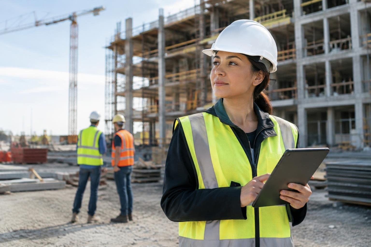 Construction Management Degree Guide: Programs, Careers, Costs, and Fit A woman in a white hard hat and fluorescent safety vest holds a tablet at a construction site, with two workers and an unfinished building behind her.