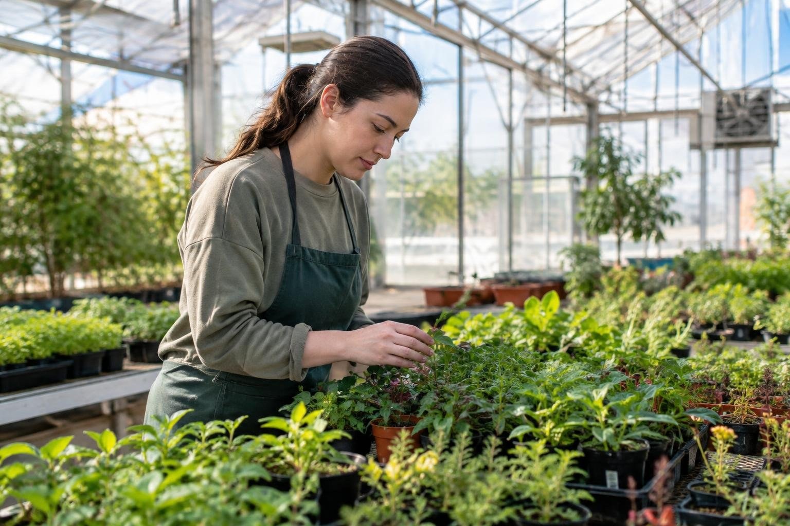 A woman in an apron examines a small plant among rows of potted seedlings in a sunlit greenhouse.