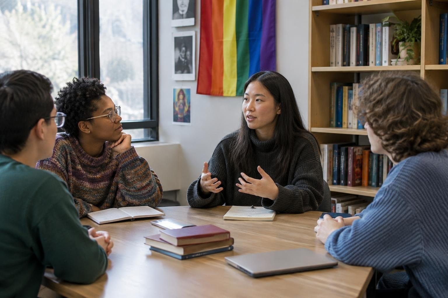 Four people sit around a table in a room with bookshelves and a rainbow flag; one person speaks and gestures while the others listen.