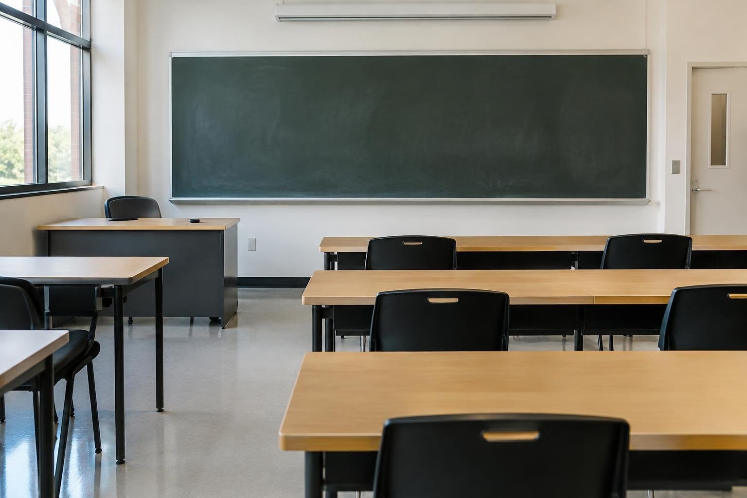 A college student connecting mathematical notation, code, and a modeled real-world system An empty classroom with rows of desks and black chairs facing a large blank chalkboard, with tall windows along one side.