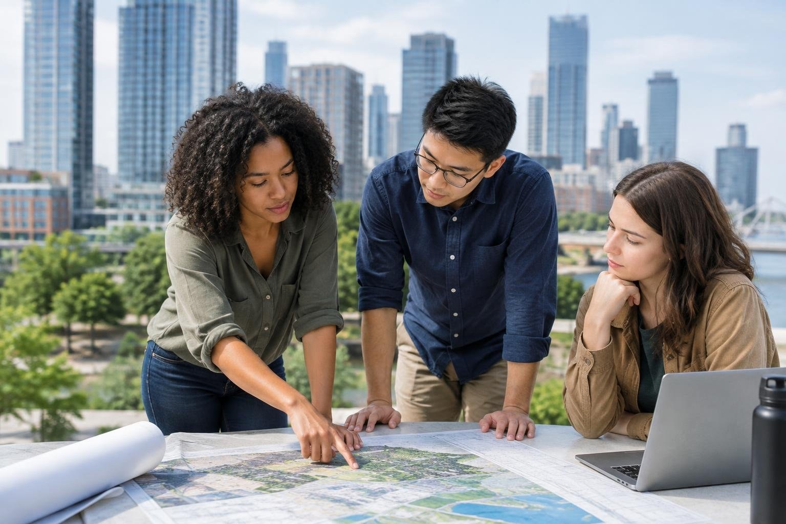 City, Urban, Community, and Regional Planning Degree Guide Three people lean over a large map on a table outdoors; one points to an area while the others look on, with a laptop, rolled plans, trees, and tall buildings nearby.