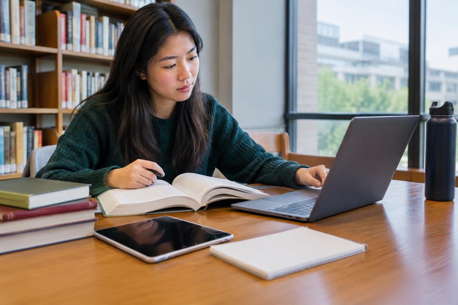 A woman studies at a library table, looking at a laptop beside an open book, with stacked books, a tablet, a notebook, and a water bottle nearby.