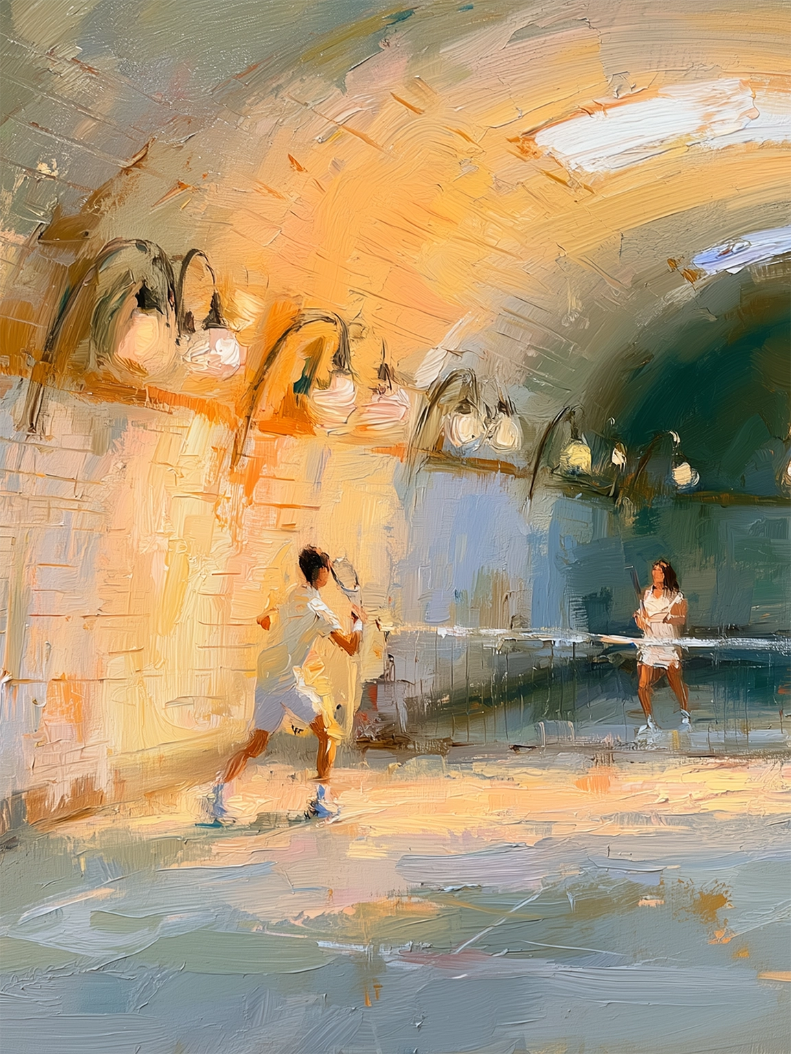 Zwei Tennisspielern in einem gemütlich beleuchteten städtischen Tunnel (Painting).