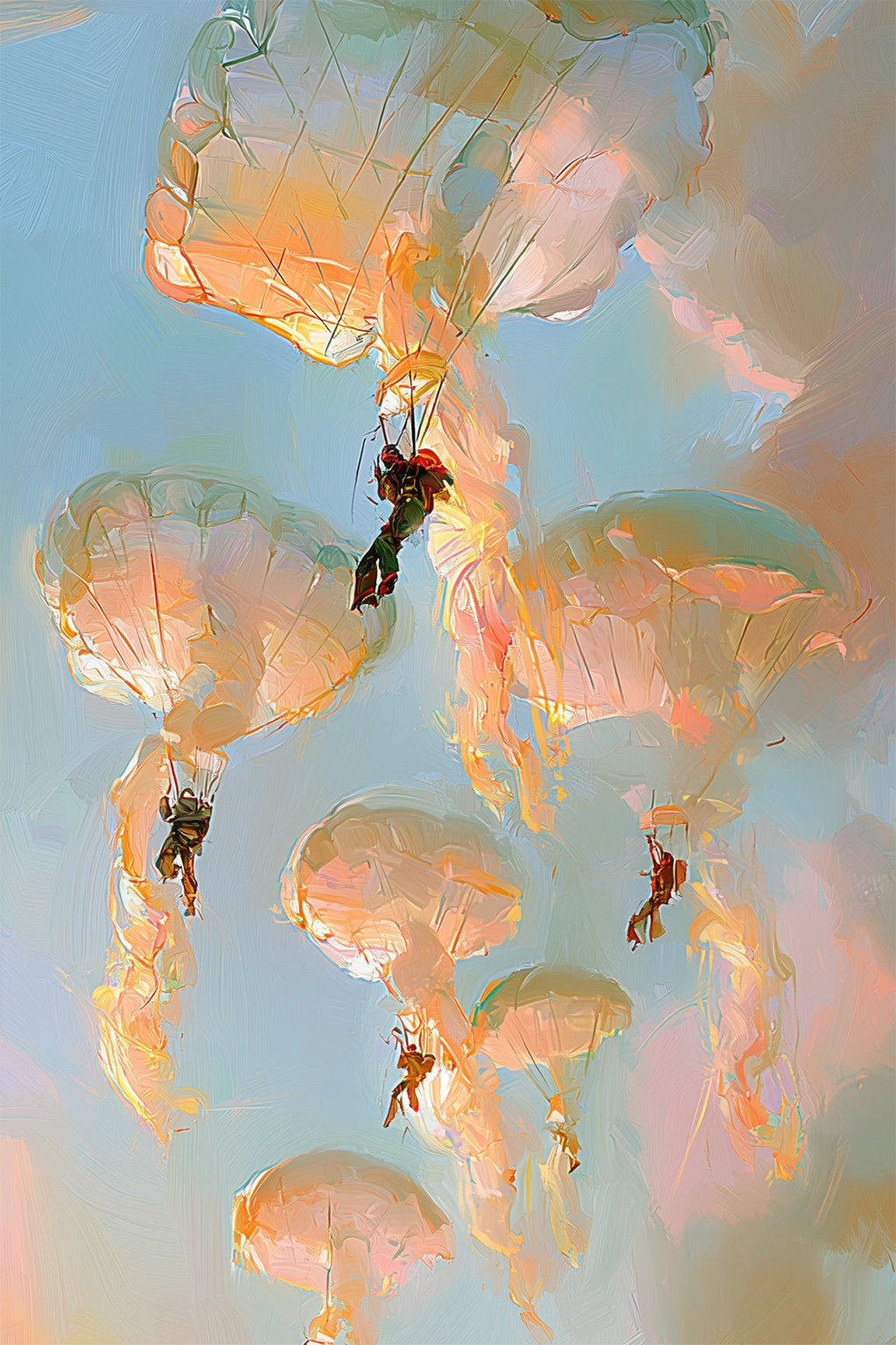 Fallschirmspringern an leuchtenden Fallschirmen, die wie Meerestiere aussehen, schweben am Himmel (Painting).