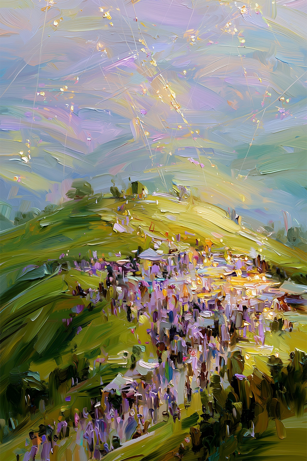 Saftige Hügellandschaft mit lebendigem Markt und leuchtenden digitalen Wolken (Painting).