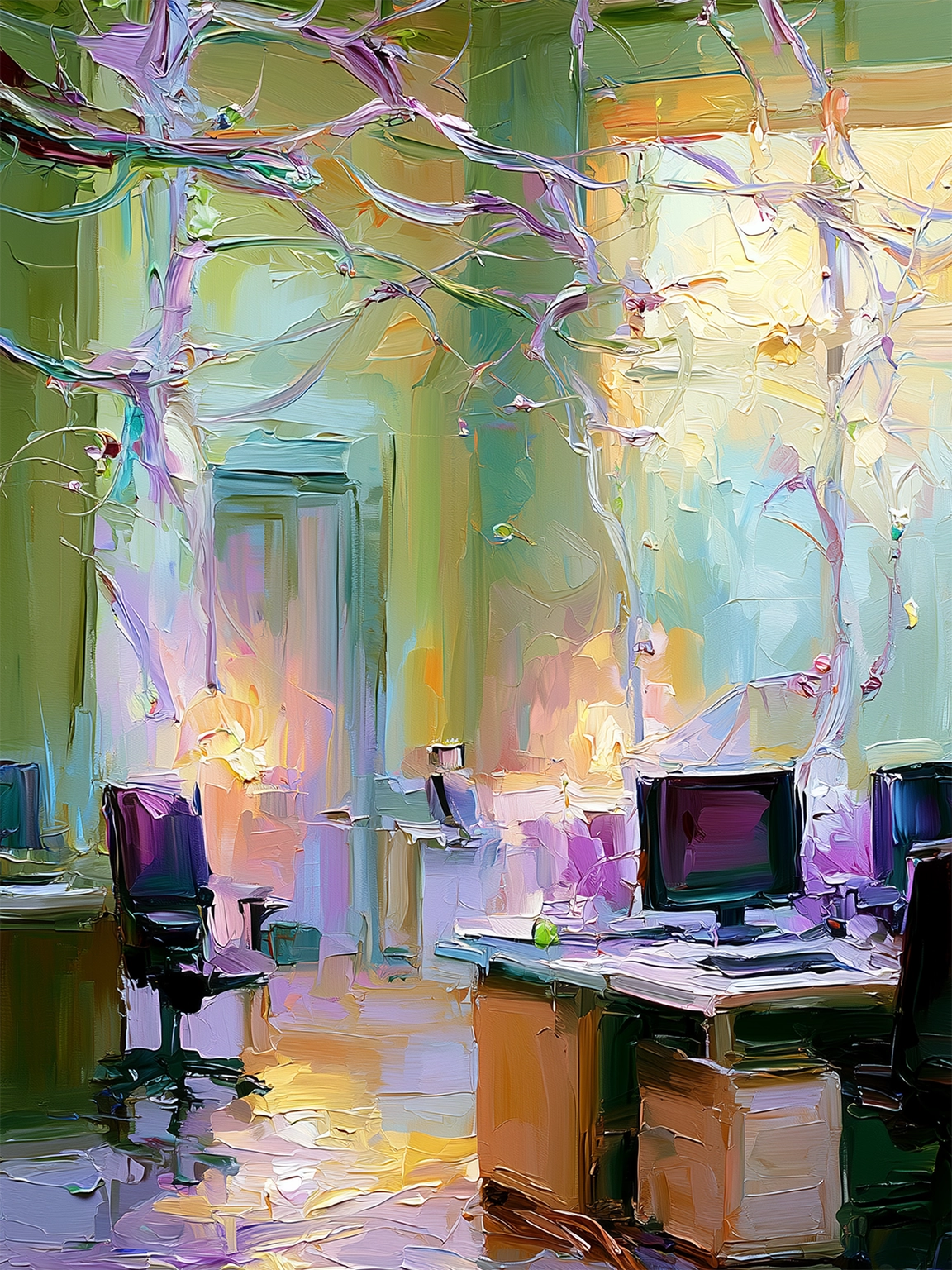 Büro mit leuchtenden digitalen pflanzenartigen Kabeln im Prozess der Digitalisierung (Painting).