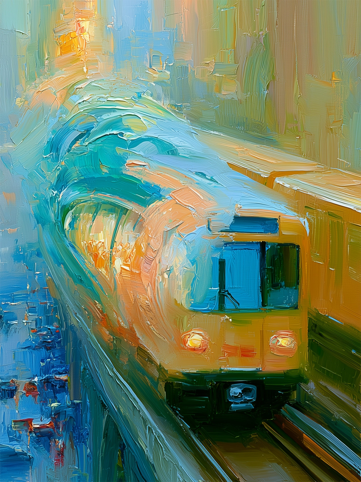 Gelbe, sich transformierende Berliner U-Bahn fährt auf oberirdischen Gleisen (Painting).
