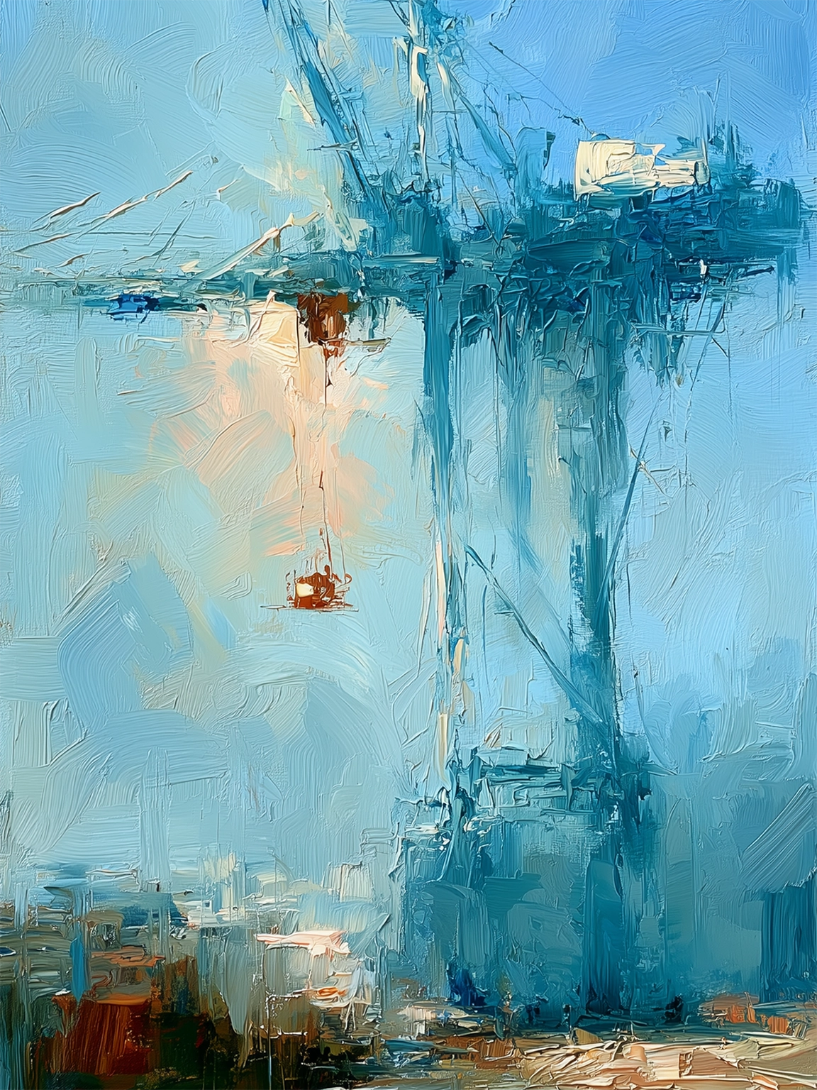 Imposanter Baustellenkran vor bläulichem Himmel beim Verladen von Ware (Painting).