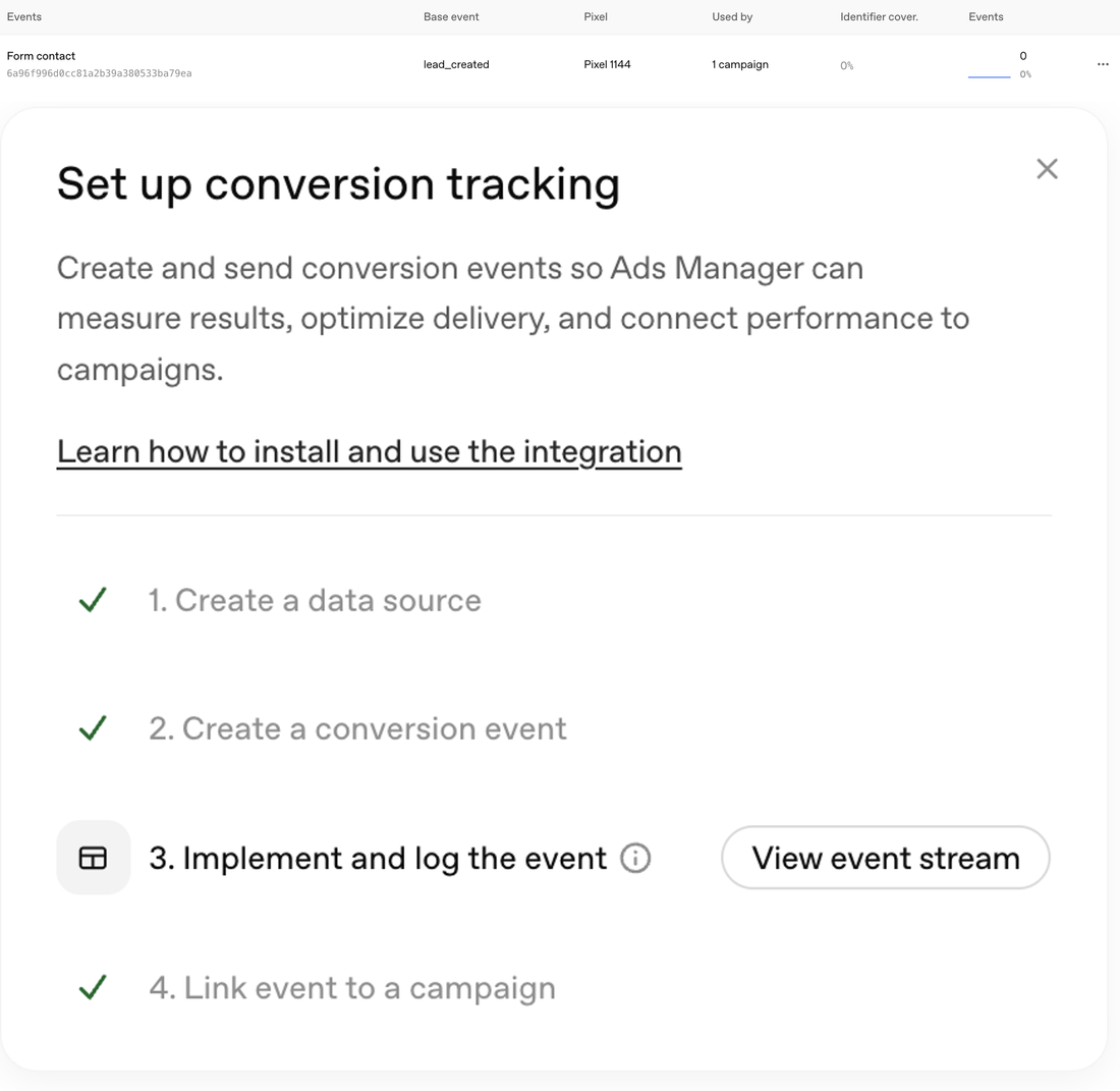 Écran de configuration du suivi de conversion ChatGPT Ads avec le pixel OpenAI et l'événement lié à la campagne