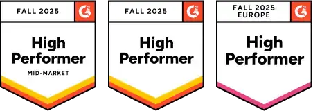 Three G2 Fall 2025 High Performer badges for mid-market and Europe categories
