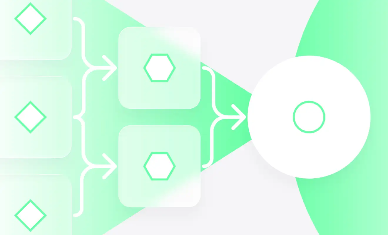 Abstract flowchart diagram with mint green shapes, arrows, and geometric symbols on white background
