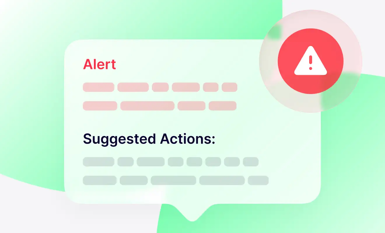 Alert notification interface with warning icon and suggested actions section displayed