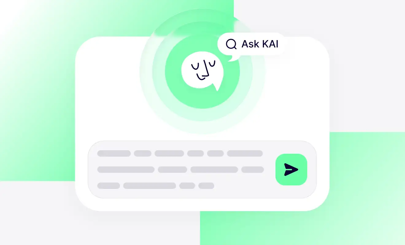 Illustration of AI assistant interface with "Ask KAI" chatbot and message input field