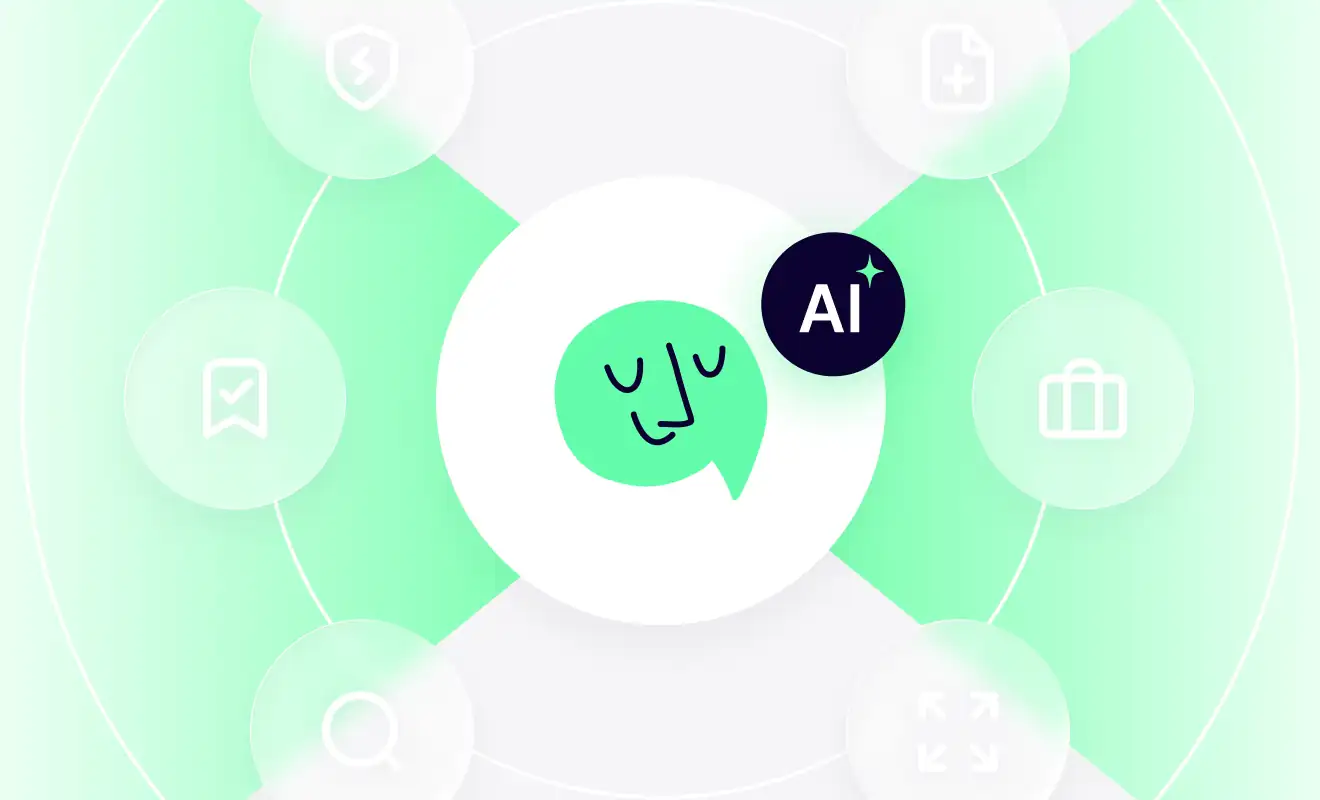 AI-powered conversation interface with connected features including task management and analytics icons