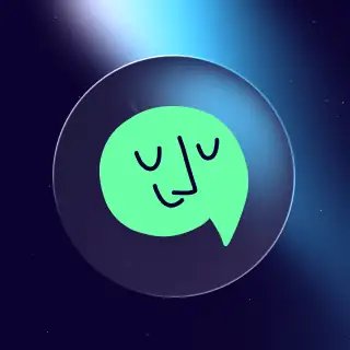 Green speech bubble with simple face icon inside dark circular frame on blue background
