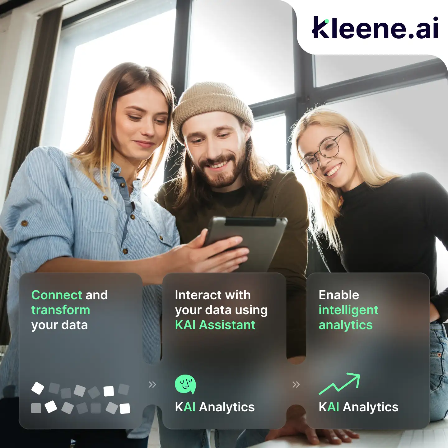 Three colleagues viewing tablet with Kleene.ai analytics features overlaid below