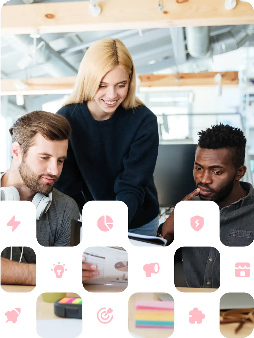 Three professionals collaborating in modern office with business analytics icons displayed below