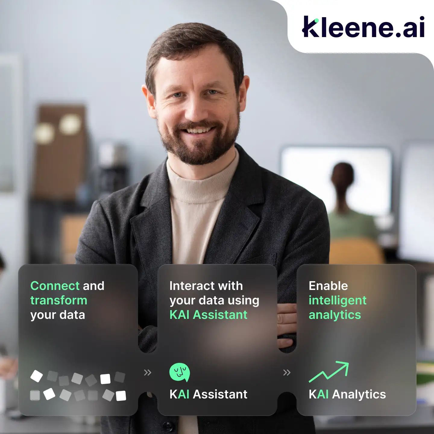 Professional man smiling in office displaying Kleene.ai platform features for data analytics solutions
